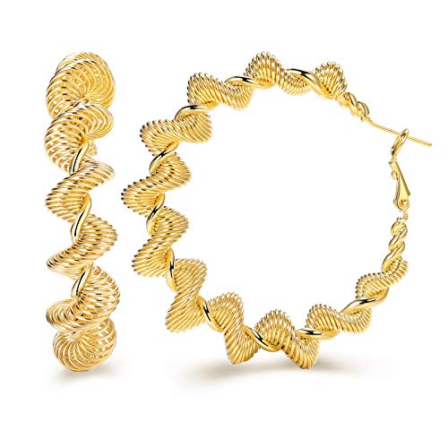 Hoop Earrings for Women, 14K Gold Plated 925 Sterling Silver Post High Polished Thick Rope Hoops Lightweight Hypoallergenic Loop Twisted Gold Earrings