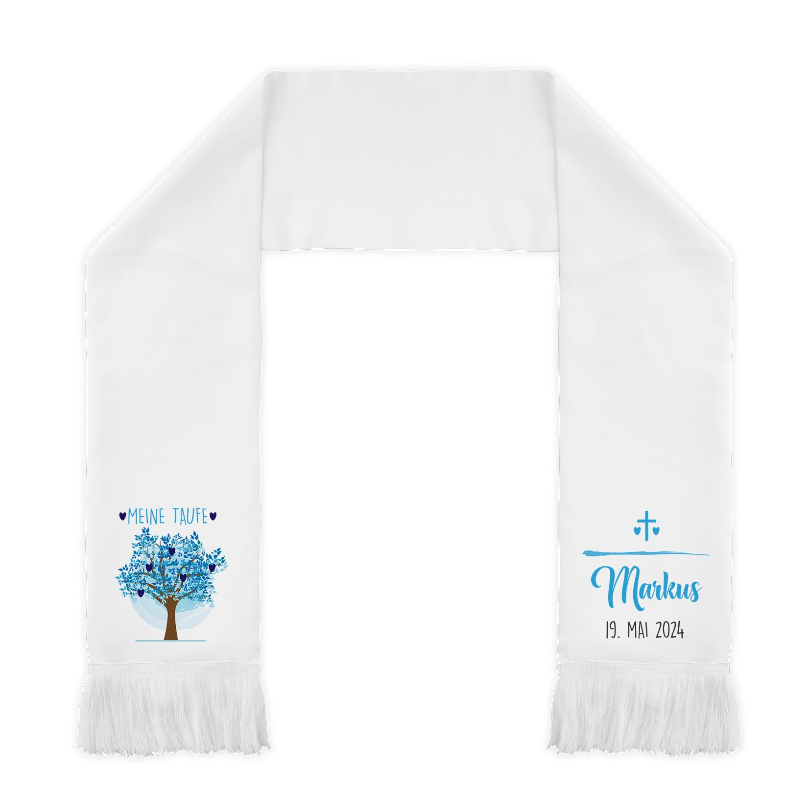 LIEBTASTISCH Taufschal personalisierbar in vielen Farben & Motiven - 116cm Taufaufleger lang für Jungen & Mädchen - Taufe Schal mit Namen, Tauf-Aufleger, Taufüberwurf (Baum, Blau)