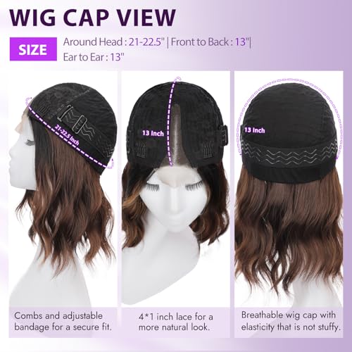 Image of Eawwii Wigs for Women Dark Brown Mixed Blonde,Short Wavy Synthetic Lace Wig | Glueless 4x1 Lace Hairline, Heat-Resistant Fiber,Bob Wave Style,Natural Appearance for Everyday Cosplay 14 Inch