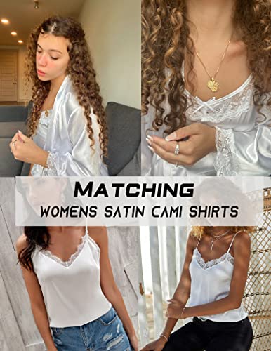 Ekouaer Robe Set Women's Silk Sleepwear Floral Lace Trim Satin Cami White Nightgown With Sexy Robe #TOP2