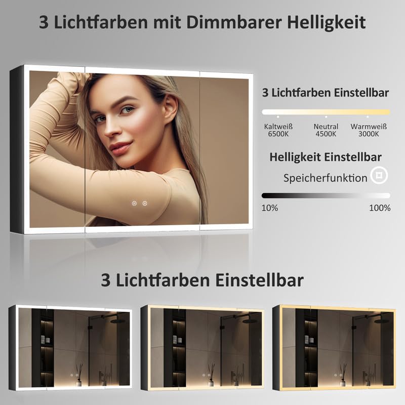 Spiegelschrank mit Beleuchtung 60x100x13.5cm LED Badezimmerschrank, Medizinschrank Badezimmer Hängeschrank mit Spiegel mit 3-Farben Dimmbar, Beschlagfrei Spiegelschrank