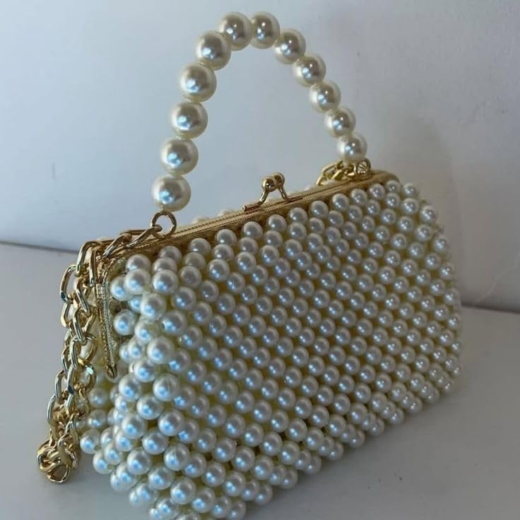 Royal Pearl Luxury Handbag, Elegant Pearl Embellished Kiss Lock Purse with Gold Metal Frame, Detachable Chain Strap, Satin Lining, Perfect for Weddings, Parties, Events