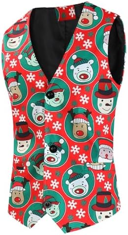 KBOPLEMQ Gilet De Costume De Noël Pour Homme - Sans Manches - Coupe Ajustée - Gilet Festif Avec Motif De Noël Imprimé - Gilet De Mariage Décontracté - Cadeau De Noël, R