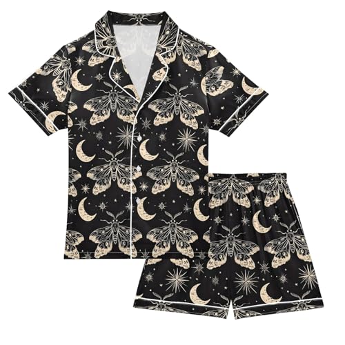 Cartoon Retro Butterfly and Moon Summer Satin Pajama Set, Cute Button-Down Sleepwear Pj Set for Sleep Wears