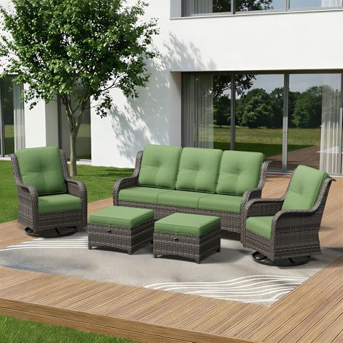 Image of 5 Piece Outdoor Wicker Patio Furniture Set, Outdoor Swivel Rocker Patio Chairs Set with Thickened Olefin Cushions, High Back and Deep Seating, Hand-Woven PE Rattan for Porch, Deck