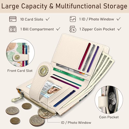 Image of Kelvoris Boho Leafs Abstract Art Small Rfid Women Wallet Bifold Zipper Coin Pocket PU Leather Compact Cash Credit Card Holder Travel Wallet for Female Ladies Teen Girls 1 ID Window 10 Card Slots