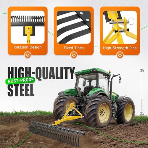 KUAFU 60In Landscape Rake, 3 Point Rake, 360 Rotation Compatible with Category 1, Cat1 Tractors Tow-Behind Garden Tool for Garden, Farm, Clearing Brush, Raking Arenas 2 Package Yellow