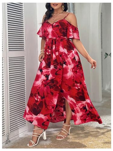 Image of Floerns Women's Plus Size Cold Shoulder Short Sleeve Split Thigh Long Dress