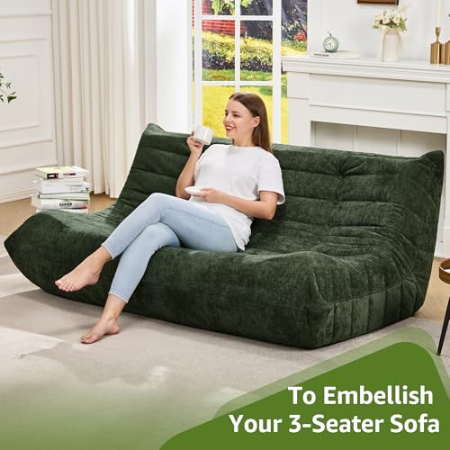 Image of Hobestluk Giant Bean Bag Chair Faux Fur BeanBag Couch for Living Room | Green Chenille, 3-Seater,Ergonomic Design,Memory Foam,Anti-slip Bottom,No Assembly Required,Decorative Style for Living Room