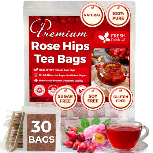 Image of FreshDrinkUS, Premium 30 Rosehip Tea Bags, 100% Natural & Pure from Rose Hip Fruits. Loose Rosehip Herbal Tea. Made with Natural Material Tea Bags. No Sugar, No Caffeine, No Gluten, Vegan.
