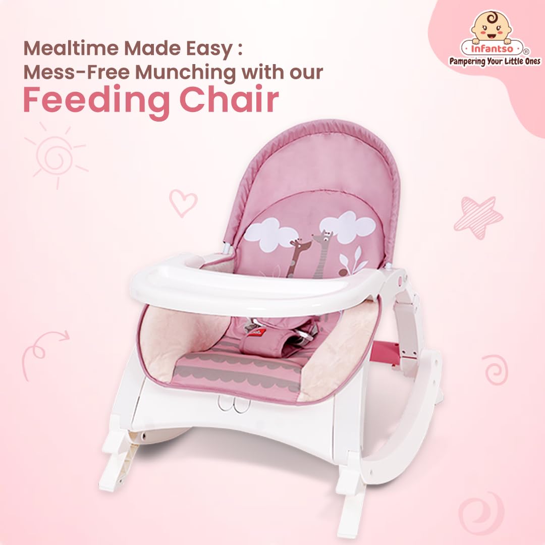 INFANTSO Baby Rocker & Bouncer for 0 to 2 Years (Pink), Chair for Newborn with Calming Vibrations, Music & Toys, with Feeding Tray 3