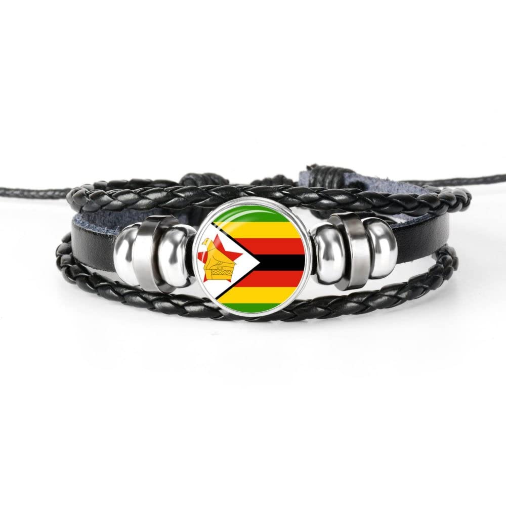 GOYMFKM Fashion Zimbabwe Flag Braided Bracelet Adjustable Leather Woven Bangle Patriotic Jewellery Couple Wristband, U