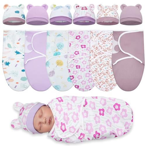 Image of Ramede 6-Pack Preemie Baby Swaddle Blankets with Hats, Breathable 100% Cotton Baby Swaddles, Suitable for Preemie Babies and Newborns, Soft Cotton, Adjustable(Tree,Purple)