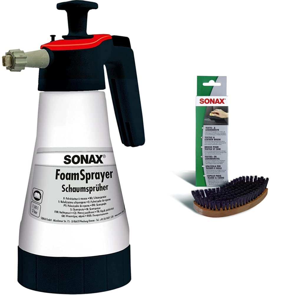 SONAX Pulvérisateur à mousse (1000 ml) & Brosse pour textile et cuir (1 pièce) ergonomique avec des poils souples pour le nettoyage à sec ou associée à un produit | Réf: 04167410