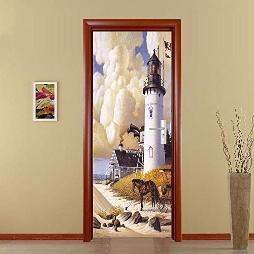 Door Sticker Wallpaper 3D English Country Lighthouse Door Mural Wall Decals Peel And Stick Removable Modern Art For Home Decor Door Decals 77Cmx200Cm #TOP4