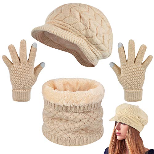 Yuson Girl Femme Tricotés Ensemble Hiver Casquette Béret Chapeau Col Écharpe Ronde Gants d'écran Tactile 3 Pièces Chaud Tricot Bonnet à Visiere Cache Tour de Cou Doublure Polaire Cover