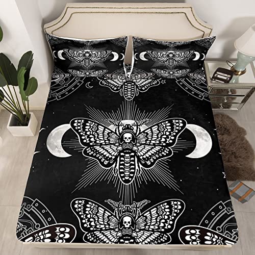 Moth Fitted Sheet Boho Exotic Mandala Bedding Sets Gothic Sugar Skull Fitted Bed Sheets Queen for Women Boys Black and White Skull Bedding Animal Moth Bedding Collections,Not Include Flat/To