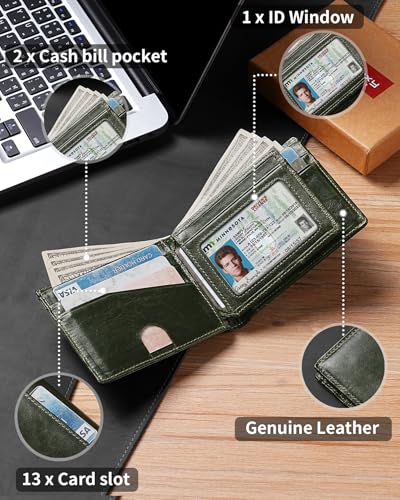 Image of Artpaxy Mens Wallet Bifold Genuine Leather RFID Blocking Wallet for Men with 1 ID Windows 13 Card Holders 2 cash pockets 1 Gift Box