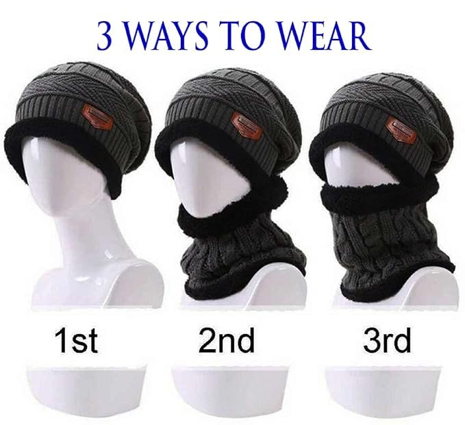 Image of Winter Knit Beanie Cap Hat With Neck Warmer Muffler And Woolen Gloves Set For Unisex Men & Women | Caps Ear Scarf And Hand Glove Combo For Girls Mens & Boys For Bike | 3 Piece