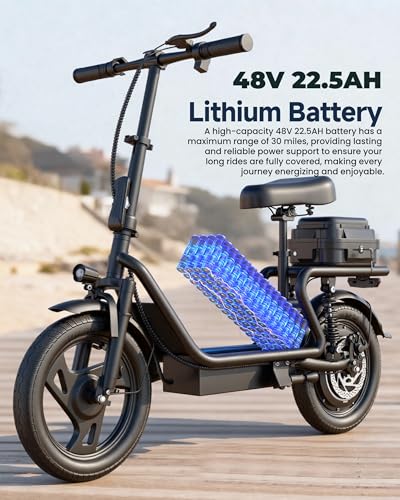 Image of KEQ Electric Scooter Adults with Seat, 48V 22.5AH Foldable Escooter 14 inch Tires 500W Motor 22MPH 35Miles Long Range and Disc Brake 350lbs Max Load Dual Shock Suspension Wide Deck Rear Box