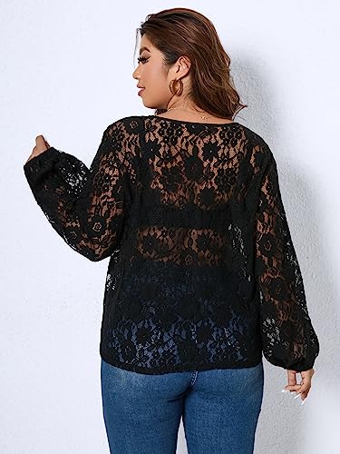 Floerns Women's Plus Size V Neck Long Sleeve Floral Lace See Through Blouse Tops2