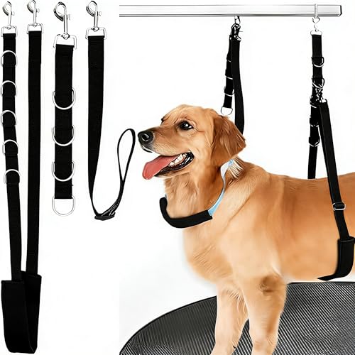 SQAQS 3PCS Haustier-Hundegeschirr, Starke Ausdauer, Hals und Haunch Halter, Fellpflege, verstellbares Tischseil mit D-Ringen, Gurt, Waschen Hundepflege Tub Zurückhaltung, Hund Bade Seil fü(schwarz)