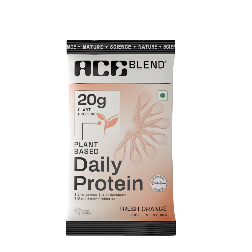 Ace Blend Daily 20G Plant Protein (4 Servings) | Pea & Brown Rice Isolate | 3 Vital Greens 4 Antioxidants 3 Probiotics | Boosts Strength, Recovery & Fat Loss | No Added Sugar | Unisex | Orange Flavour