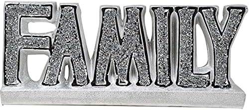 CRYSTAL CROWN Silver Bling ' FAMILY ' crushed diamonds sparkle ornament, Words Sign Free Standing Love Desk/Shelf/Home Wall Decoration Art