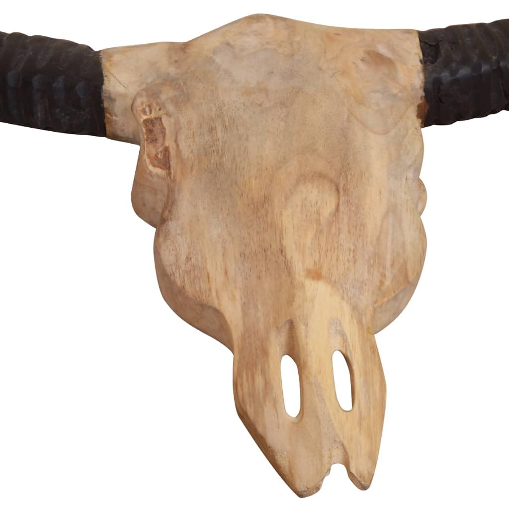Wandmontierte Stierkopf Skulptur aus Teak, handgefertigte Figur für Wohnzimmer, Deko für Regal, Kaminsims, Fensterbank, Eingang, Terrasse und Balkon, 69 x 6 x 60 cm