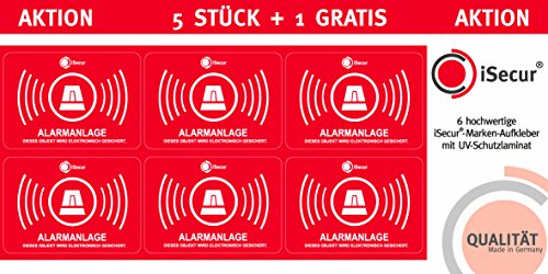 Juego de 5 pegatinas para sistema de alarma I hin456 I 6 x 4 cm I Atención: el objeto está protegido electrónicamente con alarma I para ventana y puerta, adhesivo interior