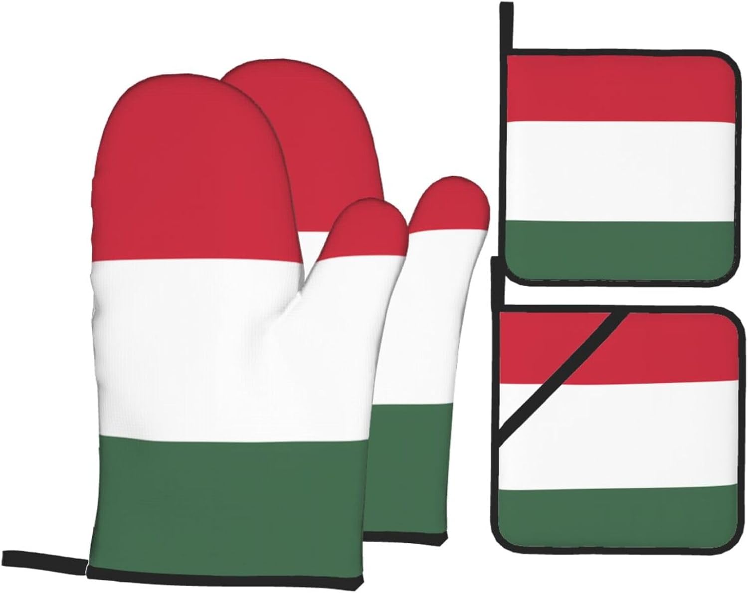 Flag of Hungary Oven gloves and heat-resistant mat 4-piece set. Suitable for grilling, microwave oven frying, and baking