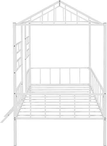 Miniatura 16 de Cama de casa individual con barandillas de valla, marco de cama de metal con escalera, para niños, niñas, adolescentes, color negro Negro,Blanco
