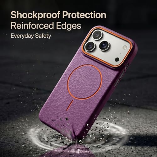 Image of amazon basics Luxury MagSafe Compatible Leather Texture Back Cover for iPhone 17 Pro Max | Raised Camera Protection | Slim Fit Shockproof Case with Metallic Accents (Purple)