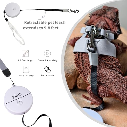 Image of 3 Pack Bearded Dragon Harness and Leash Set- Adjustable Soft Leather Reptile Harness with Retractable Leash for Small Animal Escape-Proof Design for Lizard Squirrel Sugar Glider (Grey)