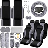 ROCEEI 47 Pcs Car Seat Cover Full Set Car Accessories for Front Rear Seat Fluffy Steering Wheel Cover Belt Automotive Floor Mats Air Conditioner Decoration Strip(Gray)