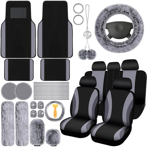 ROCEEI 47 Pcs Car Seat Cover Full Set Car Accessories for Front Rear Seat Fluffy Steering Wheel Cover Belt Automotive Floor Mats Air Conditioner Decoration Strip(Gray)