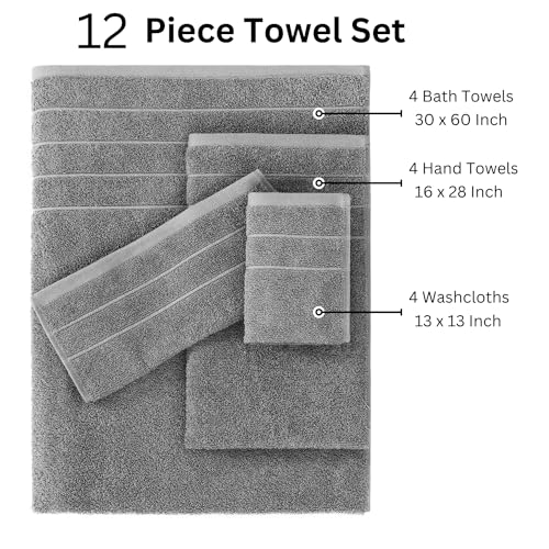 Casa Platino Badetücher, 12-teiliges Handtuch-Set, 4 große Badetücher (76,2 x 152,4 cm), 4 Handtücher und 4 Waschlappen, 100 % ringgesponnene Baumwolle, Handtücher für Badezimmer, – Bild 5