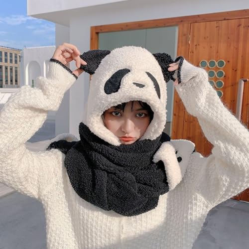Women Girls 3 in 1 Hoodie Cap Panda Animal Winter Hats Cute Paw Gloves Mitten Scarf Set for Christmas Party Holiday Hat3