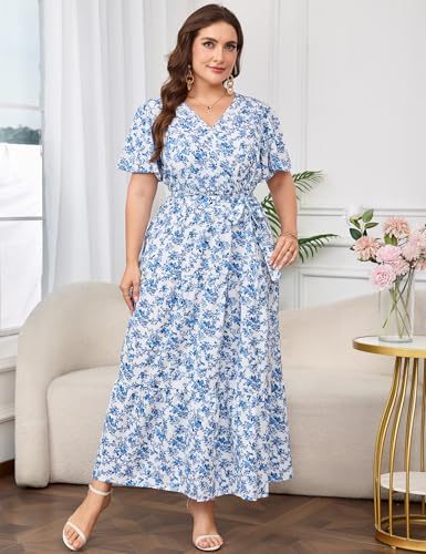 Image of ShopWonder Womens Plus Size V Neck Wrap Maxi Dress High Waist Ruffle Summer Casual Dress with Belt