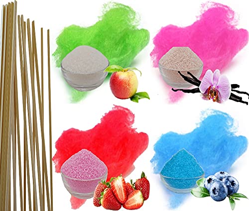 Gaumenshop® Zucker für Zuckerwatte und Zuckerwattemaschine (4x250 g + 50 Stäbe) mit Geschmack Apfel, Erdbeer, Heidelbeere, Vanille
