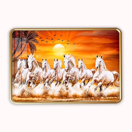 Image of 7 Running Horses Photo Frame, Ultra High Gloss Lamination, Vastu Painting for Living Room, Office, 12x18 Inch (Design 14)
