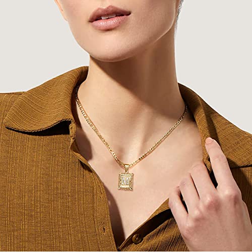 KissYan Initial Letter Pendant Necklace for Mens Womens, 14K Gold Plated Square Capital Monogram Necklaces Alhpabets from A-Z Figaro Chain Jewelry Gift(Hollow White Letter V) - Image 3