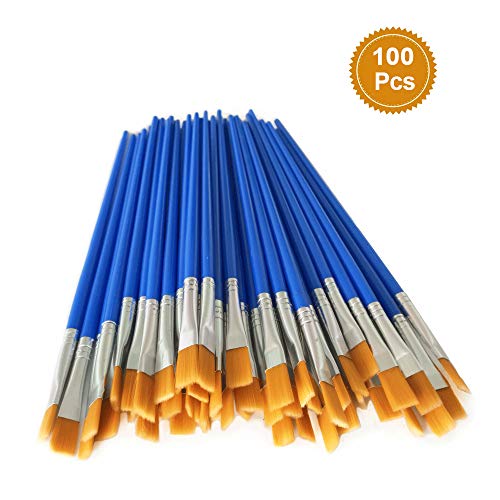 100 Pcs Flat Paint Brushes Set Kids Nylon Hair Acrylic Small Oil Watercolor