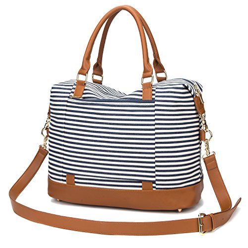 Women Ladies Canvas Weekender Bag Overnight Carry-on Tote Duffel in Trolley Handle (Blue Stripe)