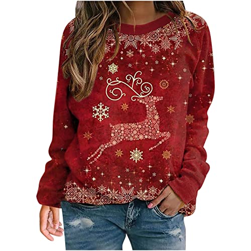 TRIGLICOLEUM Sweat-shirt de Noël pour femme - Pull de Noël à col rond - Décontracté - Imprimé élan - Haut festif - À manches longues - Pull de Noël - Automne et hiver Cover