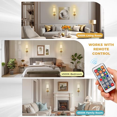 Image of DORESshop Battery Operated Wall Sconce Set of 2, Wireless Wall Light Easy to Install, 15 Color Rechargeable Wall Sconces, Sconce Wall Decor Set of 2 for Bedroom, Living Room, Gold, 27in