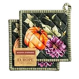 Maison d’ Hermine Topflappen 100% Baumwolle hitzebeständig Set mit 2 Topflappen (20cm x 20cm) Hot Pads mit Schleife zum Grillen, Pumpkin Garden - Dark Green – Erntedankfest/Weihnachten