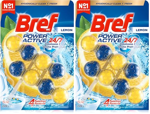 Bref Power Active with 4 Function Formula Toilet Foaming Cleanser (2x 50g), Toilet Freshener with Lemon Scent, Hanging Toilet Bowl Cleaner to Deep Clean Toilet (Pack of 2)
