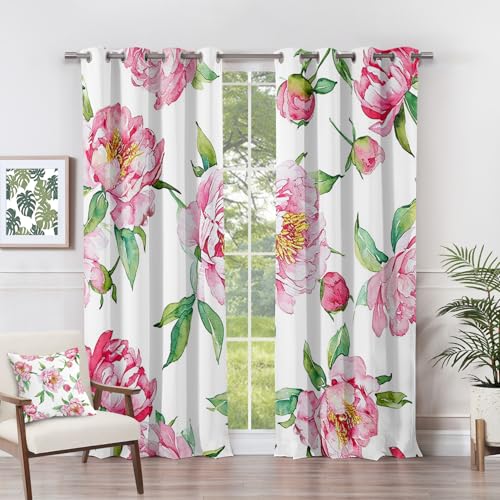 Floral Curtains for Bedroom Eyelet - Floral Curtains - Pink Peony Flower Spring Blackout Curtains 66 x 90 Inch (Width x Drop) 2 Panels, Botanical Eyelet Curtains & Drapes