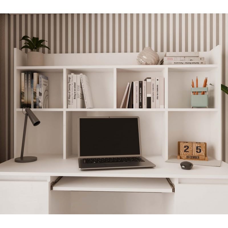 CDF Schreibtisch mit Aufsatz Computertisch 6 Schubladen Tastaturauszug Arbeitstisch Regal Bürotisch Modernes Design Home Office 130 x 51 x 146 cm - Weiß